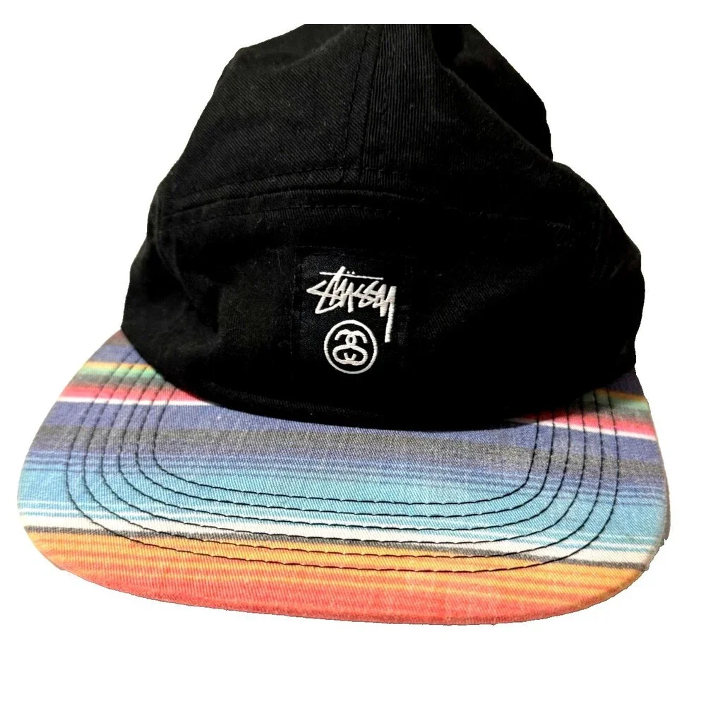 Stussy Strapback Hat Black Multicolor Stripe Brim Streetwear Cap